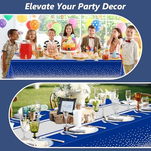 LANLISA Blue and Silver Tablecloth Party Decorations 12 Pack, Disposable Plastic Table Cloths for Graduation Birthday Retirement Masquerade Party Decor - Image 6