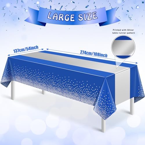 6Pcs Blue and Silver Tablecloth Party Decorations,Plastic Royal Blue Table Cloth Printed Silver Table Runner Disposable Rectangle Cover for Anniversary Wedding Graduation 2025 Party,54 x108 Inch - Image 2