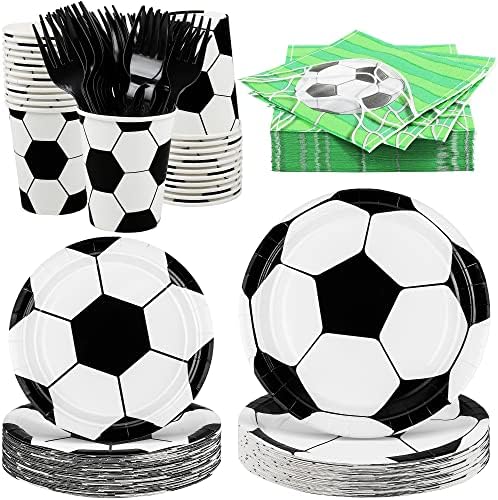 durony 144 Pieces Soccer Paper Plates and Napkins Dinnerware Set Soccer Birthday Party Tableware Supplies Includes Paper Plates Napkins Forks Serve 24 for Sports Party Supplies by durony