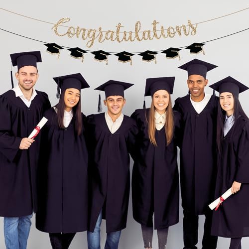 Pre-Strung Congratulations Banner, Gold Glitter Grad Caps Graduation Banner - Image 6