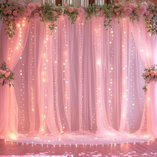 20ft x 15ft Pink Tulle Photo Backdrop Curtain with Lights String for Parties Wedding Sheer Baby Pink Curtain Backdrop for Baby Shower Girls Birthday Party Gender Reveal Photo Background Decorations by Suppromo