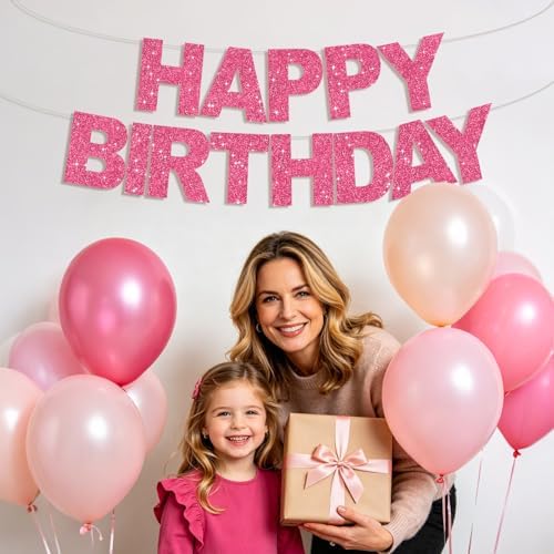 BEISHIDA Pre-Strung Glitter Hot Pink Happy Birthday Banner Party Sign Decor - Image 5