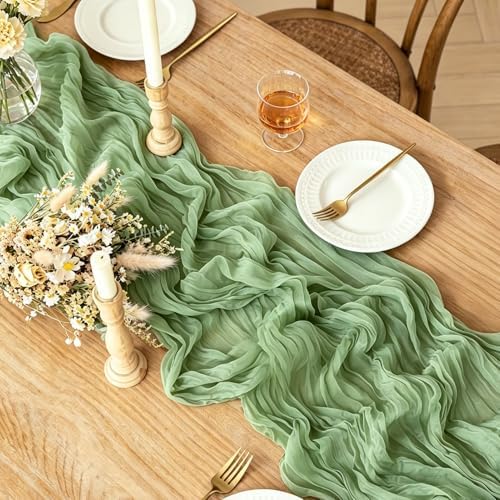 3Pcs Sage Green Cheesecloth Table Runner, 10FT Rustic Green Boho Gauze Table Runner for Spring Easter Woodland Safari Baby Shower Bridal Shower Wedding Tea Party Birthday Decorations - Image 2