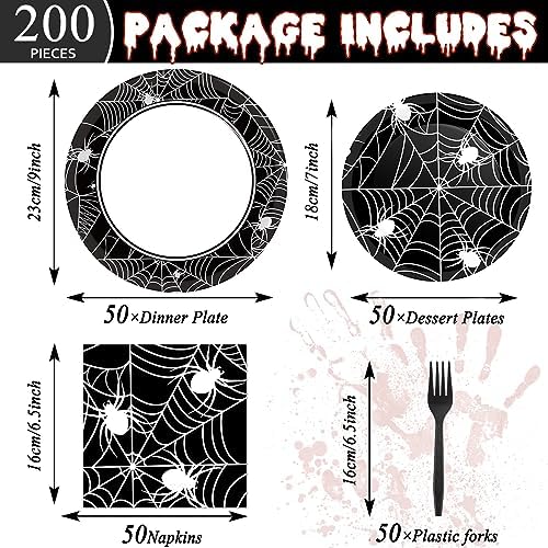50 Guests Halloween Spider Web Plates and Napkins Party Supplies Spiderweb Party Decorations Disposable Tableware Black and White Halloween Dinnerware Favor for Get Together Celebration, 200PCS - Image 2