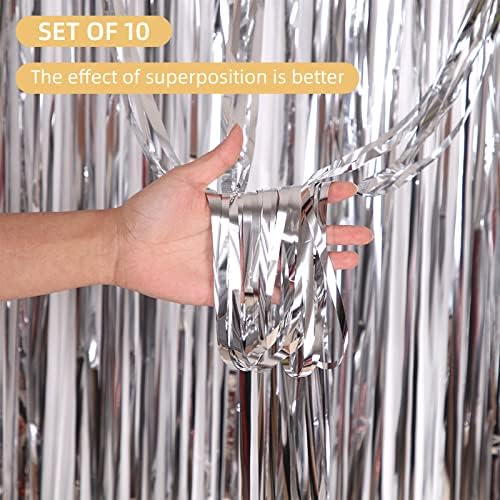 10 Pack Silver Backdrop Curtain 3.2ft x 8.2ft Metallic Tinsel Foil Fringe Curtains Photo Booth Background for Birthday Party Decoration Baby Shower Engagement Wedding Christmas Decoration (Silver) - Image 2