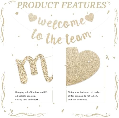Welcome to the Team Banner Pre-Strung No DIY, Glitter New Employee Welcome Decorations for Office, Script Cursive 300gsm Cardstock with Heart Signs, Coworker Onboarding Party Supplies (Champagne Gold) - Image 3