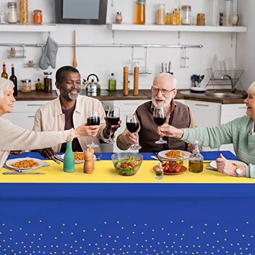 12Pack Disposable Plastic Tablecloths and Satin Table Runner Set Blue and Gold Dot Tablecloth Gold Satin Table Runner for Wedding Birthday Baby Shower Anniversary Christmas New Year Party Decorations - Image 5