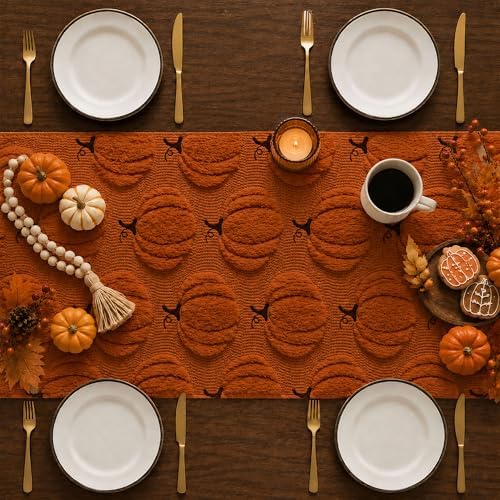 Fall Table Runner 13x108 Inch Soft Plush Faux Fur Jacquard Rust Pumpkin Table Runner, Seasonal Autumn Kitchen Dining Table Decoration for Home Party Decor ZR010B108 - Image 3