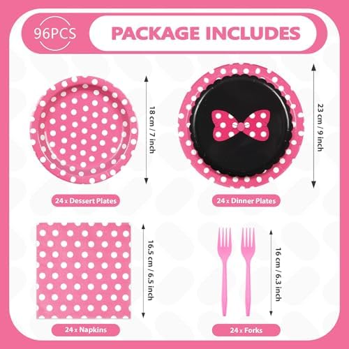 96Pcs Pink Mouse Party Supplies for Kids Sweet Girls Birthday, Serves 24 - Image 2
