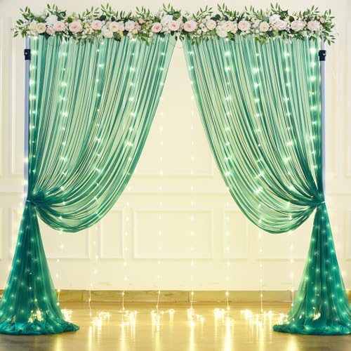Hunter Green Tulle Backdrop Curtains with Lights String for Parites 10x8ft Sheer Backdrop Curtains Drapes for Birthday Party Bridal Shower Baby Shower Photo Booth Background Decorations - Image 2