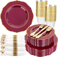 Liacere 350PCS Red Plastic Plates-Disposable Burgundy Red and Gold Plates 50guest Baroque Plastic Dinnerware include 100Plates, 50Pack Pre Rolled Napkins with Silverware 50Cups for Party & Halloween by Liacere