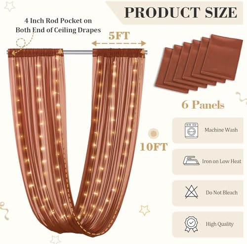 6 Panels Terracotta Ceiling Curtains with Lights for Weddings - 5ftx10ft Wrinkle-Free Tulle Fabric Wedding Arch Draping Ceiling Drapes Decorations for Wedding Party Ceremony Stage Tent Event - Image 2