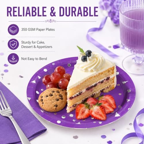 75PCS Happy Birthday Paper Plates and Napkins Set Purple&Sliver Plates - Image 7