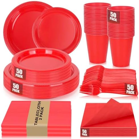 Red Plastic Party Plates 50 Guest Disposable Red Dinnerware for Birthday by UseOnceDoneRight