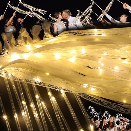 25 Pcs Wedding Wands Ribbon Streamers with 3 Colorful Flashing Modes, Light up LED Silk Fairy Wands, Glow Lace Stick with Bells for Wedding Reception, Graduation, New Year, Birthday Party (Warm White) by HUIZONHOME