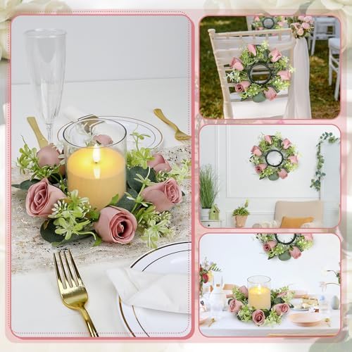 12 PCS Roses Candle Rings Wreaths with LED Candles - Dusty Pink - Image 5