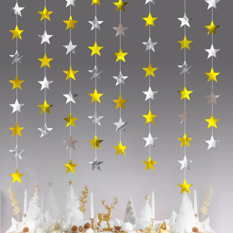 Gold Silver Shining Star Hanging Garland Gold and Silver Hanging Sparkling Star Streamer Glitter Bunting Banner Twinkle Backdrop for Wedding Baby Shower Birthday Christmas Decorations 40 Feet - Image 2