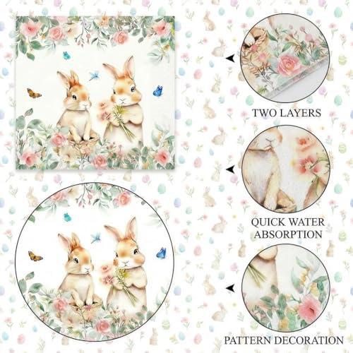 75 Pcs Easter Bunny Party Supplies，Disposable Easter Paper Plates & Napkins for 25 Guests, Thickened Material, Clear Print with Cute Bunny Flowers Spring Easter Tableware for Easter Party Decorations - Image 4