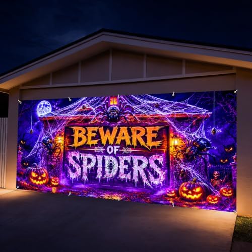 7 x 16 ft BEWARE OF SPIDERS Halloween Garage Door Decorations Blacklight Halloween decorations Door Cover,Hanging Banner for Home,Outdoor,Indoor, Spooky Party,Wall,Window - Image 2