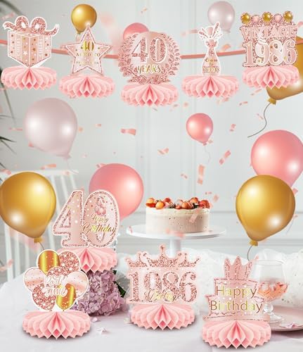 9 Pcs 40th Birthday Decoration for Women 1986 Pink Table Honeycomb Decor - Image 4
