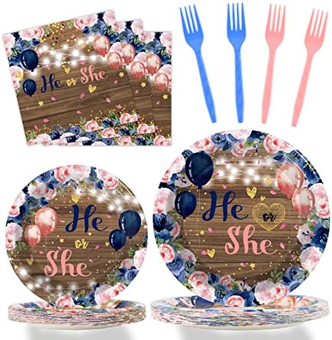 Wiooffen 96 Pcs Gender Reveal Party Decorations Supplies He or She Tableware Set Shower Dessert Plates Napkins Forks for 24 Guests Party Favors by Wiooffen