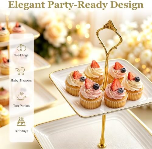8 Pcs Dessert Display Set, 2 3-Tier Cupcake Stands, 4 Trays & 2 Tongs - Image 5