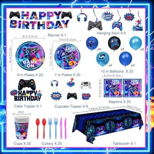 LINHAXM Video Game Birthday Decorations Includes Plates, Napkins, Cups, Cutlery, Cake & Cupcake Toppers, Banner, Hanging Swirls, Tablecloth, Balloons for Gamer Birthday Party Decorations, Serve 20 - Image 2