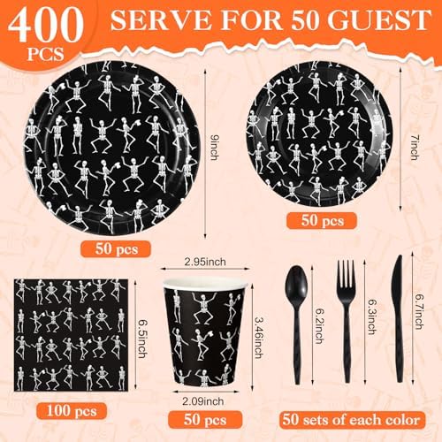 Pickmesh 400 Pcs Halloween Skeleton Plates and Napkins Party Supplies Set - Image 2