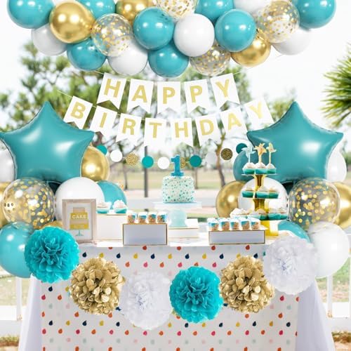 Teal & Gold Birthday Decorations - Turquoise Blue White Gold Balloons, Happy Birthday Banner, Foil Balloons, Aqua Pom Poms for Women & Girls Parties - Image 7