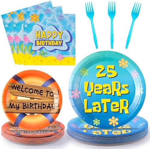 GaofanWai Ocean Yellow 25th Birthday Tableware - 96PCS Pineapple Party Paper Plate Set for Adult, 25 Years Later Ocean Sea Disposable Dinnerware Paper Napkin Fork for Yellow Birthday Party Decorations by GaofanWai