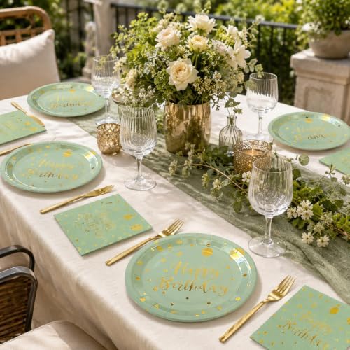48PCS Happy Birthday Plates and Napkins Party Supplies, Sage Green and Gold Disposable Paper Plates and Napkins with Forks Tableware Set for Birthday Party Decorations 16 Guests (Sage Green) - Image 6