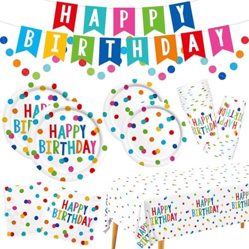 Birthday Party Supplies Set for 25 Guests, Polka Dot Happy Birthday Decorations Kit with Plates, Napkins, Cups, Tablecloth, Banner & Balloons, Colorful Unisex Party Decor by PGNART