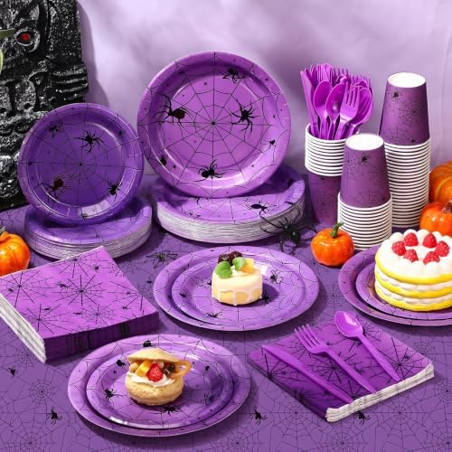 Funnymoom 452 Pcs Purple Halloween Spiderweb Party Supplies, Serve 50 Guest - Image 6