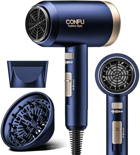 Hair Dryers for Women, CONFU Hair Dryer with Diffuser, Blow Dryers for Men, Hairdryer with Diffuser Attachment, Portable Lightweight Fast Drying Negative Ion Hairdryer for Home by CONFU