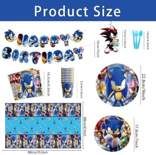 118 Pcs Sonic Birthday Party Supplies Set, anime Theme: 1Banner, 20Cups, 6Hanging Swirls, 30(Spoons+Forks+Knives), 1Tablecloth, 20Plates(9 inch), 20Plates(7 inch), 20Napkins - Image 3