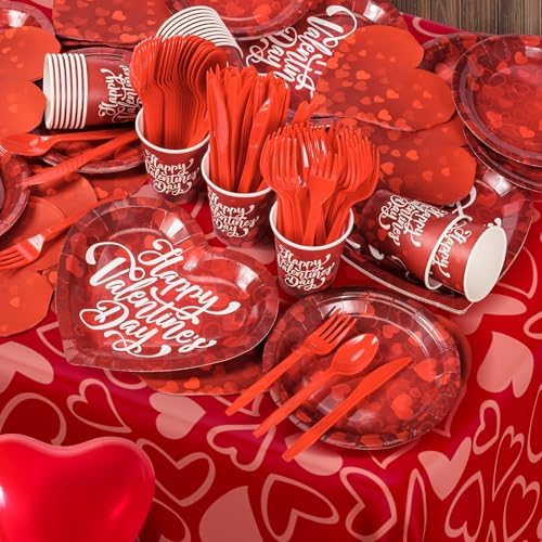 183PCS Happy Valentine's Day Party Supplies,Red Love Heart Disposable Paper Plate Napkin Cup Cutlery for 24 Guest,Banner Tablecloth Balloons for Galentines Anniversary Bridal Wedding Engagement Decor - Image 6