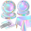 Iridescent Party Supplies for 20 Guests, Disposable Iridescent Tableware Set Includes Holographic Paper Plates, Napkins, Forks, Tablecloth for Birthday Mermaid Themed Party Decorations Wedding by QUERICKY