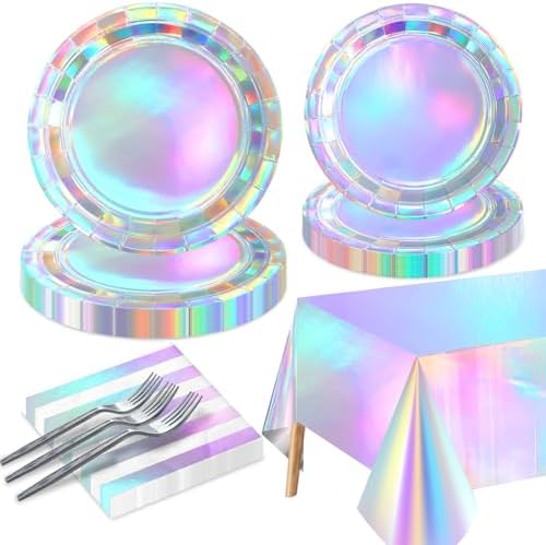 Iridescent Party Supplies for 20 Guests, Disposable Iridescent Tableware Set Includes Holographic Paper Plates, Napkins, Forks, Tablecloth for Birthday Mermaid Themed Party Decorations Wedding by QUERICKY