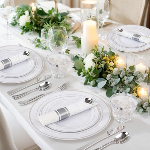 WELLIFE 350Pcs Silver Plastic Plates for 50 Guests - Disposable Dinnerware Set, Party Supplies Includes 100 Silver plates,150 Silverware,50 Napkins,50 Cups, Plastic Plates for Party and Wedding - Image 6