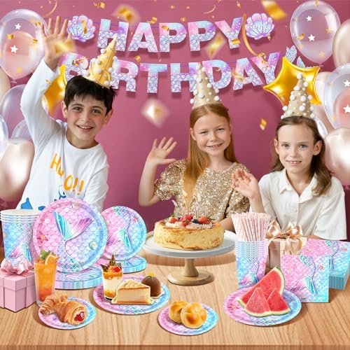 146Pcs Mermaid Plates and Napkins mermaid Party Supplies Includes Plates, Napkin, Fork, Cup, Straw, Tablecloth, Banner for Baby Shower Ocean Birthday Party Decorations, Serves 24 (Mermaid) - Image 2
