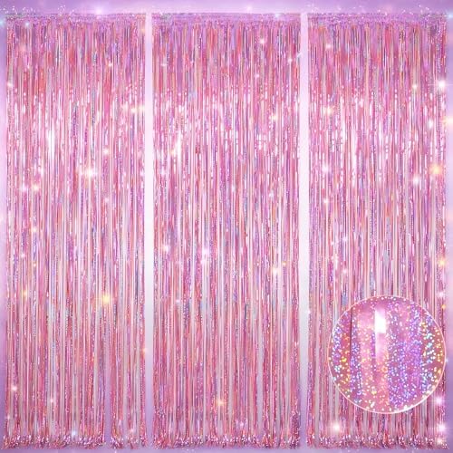 Pink Fringe Curtain Backdrop 3 Pack, 3.2 x 8.2 FT Girls Party Decorations by Melsan