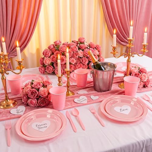 MirthMood 350pcs Pink Plates Disposable,Pink Plastic Plates for Party - Image 6