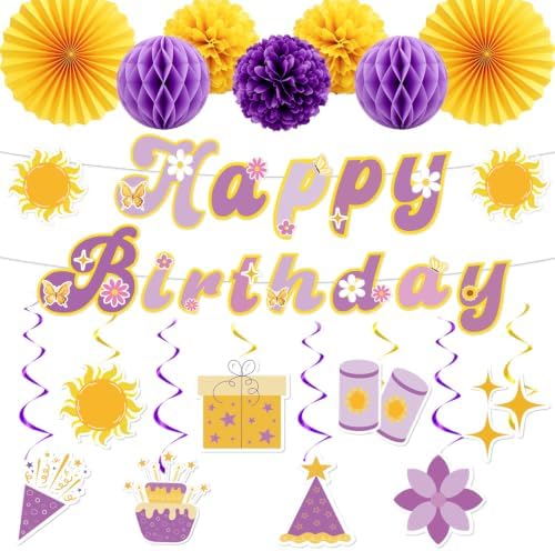 Purple Sun Princess Birthday Party Decor Banner Swirls Sun 17PCS by Deorfuy