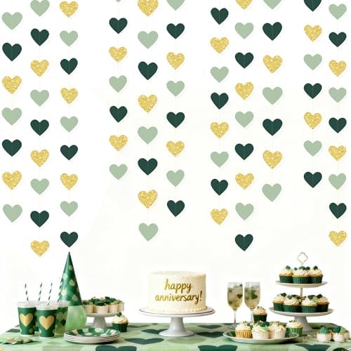 Sage Green and Gold Heart Party Glitter Gold Paper Olive Green Love Heart Hanging Garland Streamer Banner for Woodland Safari Birthday Wedding Anniversary Valentines Day Party Decorations - Image 7
