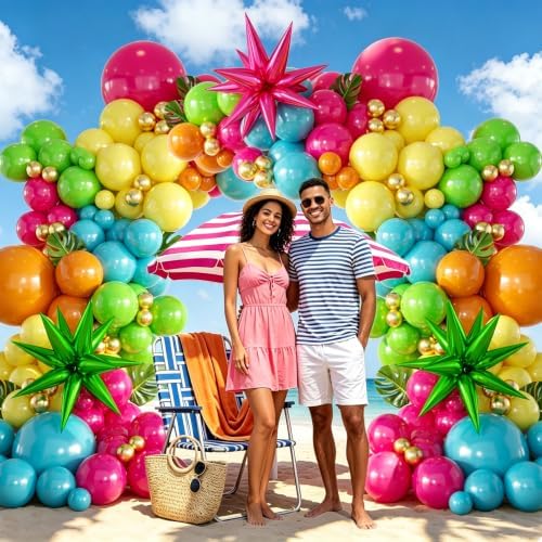 157PCS Flamingo Tropical Luau Balloons Arch Garland Kit, Olive Green Hot Pink Orange Blue Yelloow Gold Balloons with Foil Star Balloons for Summer Beach Aloha Pool Party Decorations Supplies - Image 7