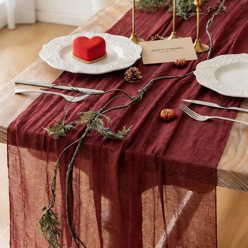 3Pcs Burgundy Cheesecloth Table Runner 120 Inches for Chirstmas Home Decor by KEKETOARRANGE