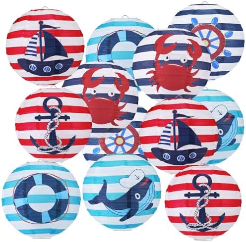 Panelee 12 Pcs Nautical Birthday Party Decorations Anchor Sailor Boat Cruise Ship Theme 8 Inches Hanging Paper Lanterns 8 Inches Round Lanterns for Holiday Navy Baby Shower Party Decor Supplies by Panelee