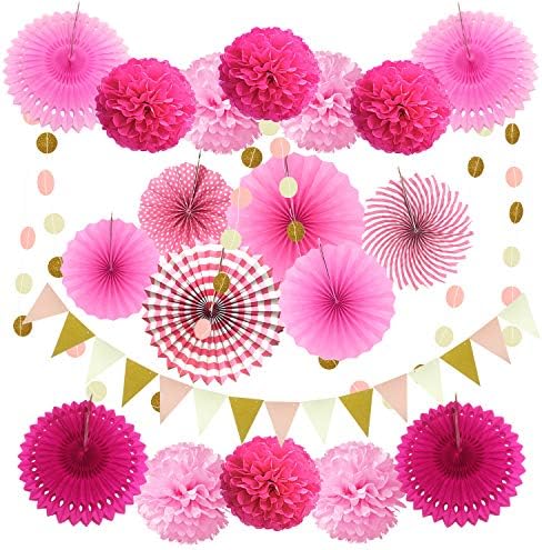 ZERODECO Party Decoration, 21 Pcs Pink Hanging Paper Fans, Pom Poms Flowers, Garlands String Polka Dot and Triangle Bunting Flags for Birthday Parties, Bridal Showers, Baby Showers, Wedding by ZERODECO