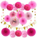 ZERODECO Party Decoration, 21 Pcs Pink Hanging Paper Fans, Pom Poms Flowers, Garlands String Polka Dot and Triangle Bunting Flags for Birthday Parties, Bridal Showers, Baby Showers, Wedding by ZERODECO