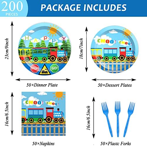 200Pcs Train Party Plates and Napkins Train Birthday Party Supplies Transportation Disposable Paper Decoration for Kids Birthday With Dinner Plates Dessert Plates Napkins Plastic Forks, Serves 50 - Image 2